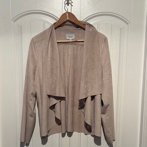 Kismet Taupe Draped Faux Suede Open-Front Blazer